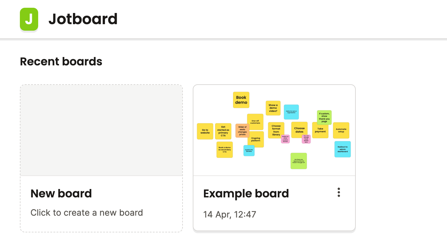 Screenshot of the Jotboard dashboard