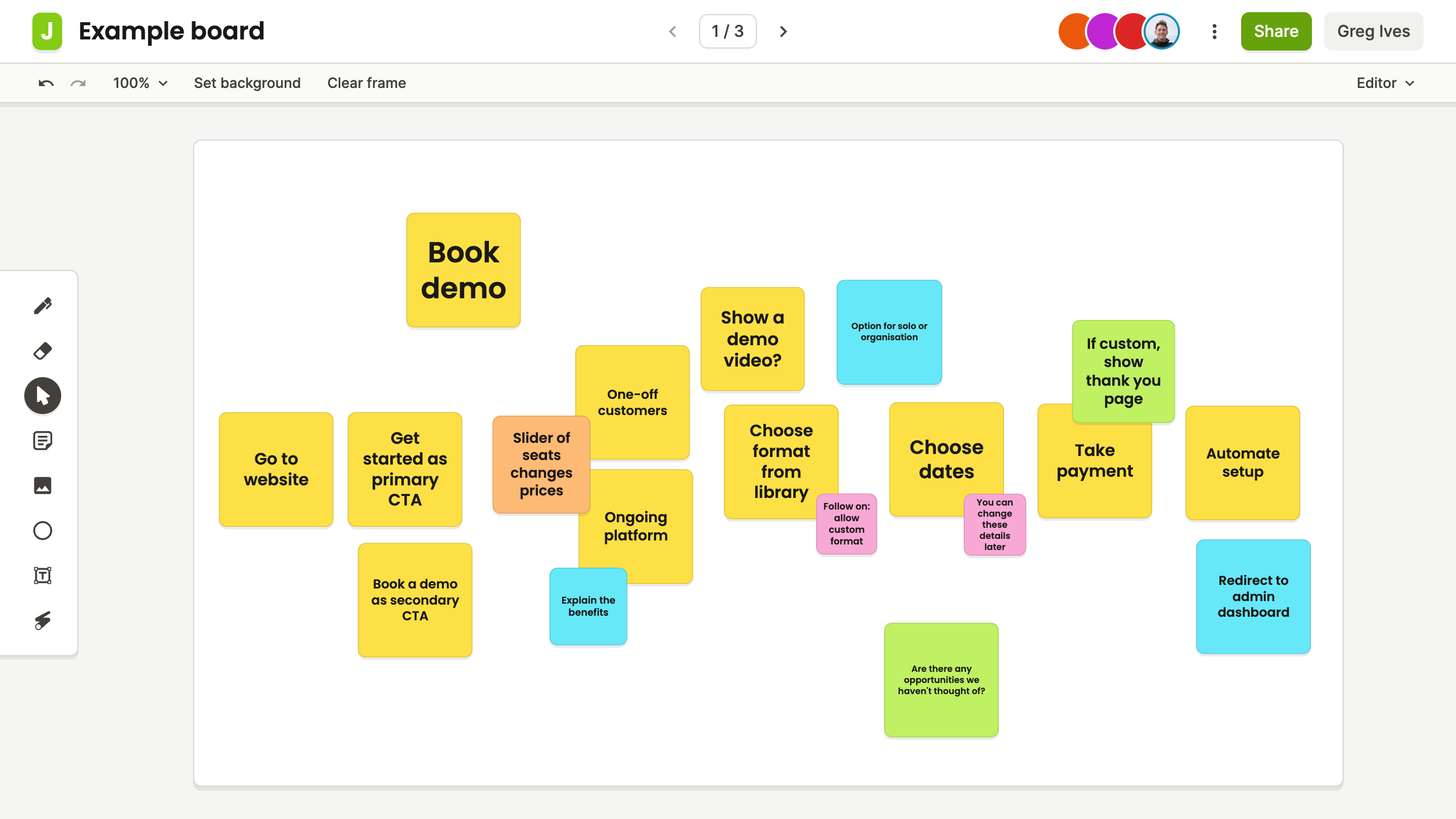 Screenshot of Jotboard showing a collaborative whiteboard with sticky notes